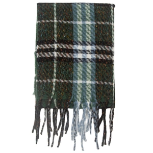 Detail of forest green plaid scarf with tweed texture, colorful flecks and long fringes