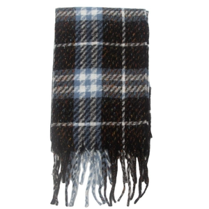 Detail of classic plaid scarf with blue, orange, and white patterns and long fringe tassels