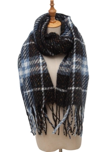 Detailed view of the dark blue and black plaid scarf with classic tassels and tweed texture
