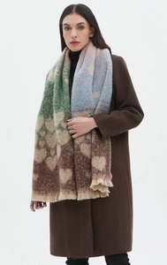 Thick knit mohair style scarf with colorful heart patterns and fringe edge detail