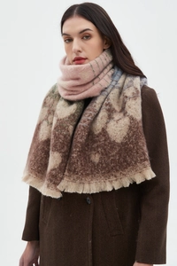 Detailed close-up of thickened faux mohair scarf featuring soft pastel patchwork and tassels