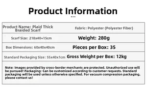 Detailed size chart for the checkered tassel scarf showing 218x40cm dimensions and material