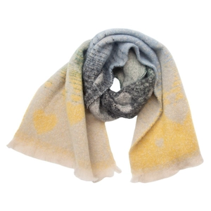 Detailed knit texture and heart patterns on a fuzzy gradient winter scarf with fringe