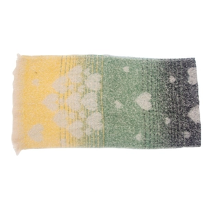 Detail of soft gradient knit scarf with white heart jacquard and delicate fringed edges