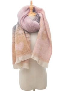 Thick knit color-block scarf with pink, orange, gray tones and cream fringe tassels