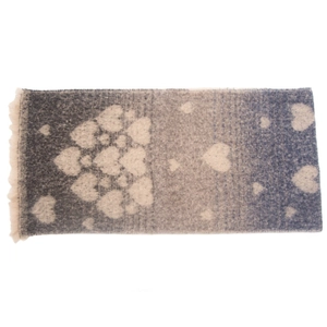 Detail of faux mohair scarf featuring gradient gray-blue to beige tones with heart patterns