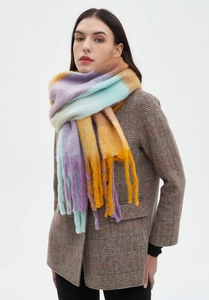 Close-up of soft plaid scarf featuring colorful stripes and long fringe tassels