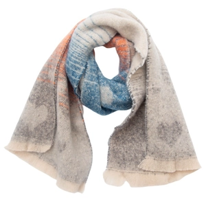 Close-up of thick knit winter scarf featuring colorful plaid patterns and heart jacquard
