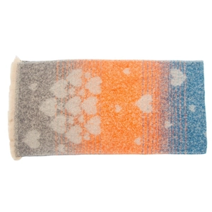 Detail of soft mohair-like knit scarf featuring gradient colors and heart patterns