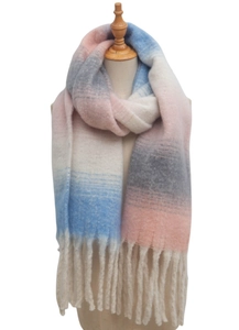 Detail of winter thick scarf with pink blue gradient knit and long ivory tassels