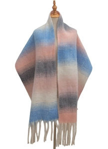 Close-up of thick textured knit scarf with gradient stripes and fringe tassel details