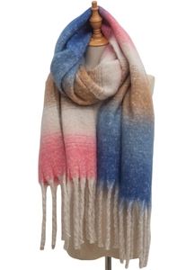 Detail of multi-color gradient knit scarf featuring thick twisted long tassels decoration