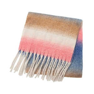 Close-up of thick gradient knit scarf with textured loop yarn and long fringed tassels