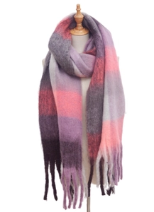 Detailed texture of thick checkered scarf with long tassels and vibrant purple color