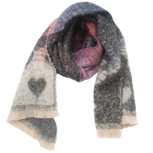 Close-up of thick mohair-like knitted scarf featuring colorful heart patterns and fringe edges