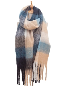 Close-up of thick winter scarf with blue and beige stripes and long tassel details