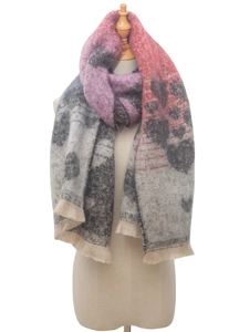 Close-up of thick faux mohair scarf featuring heart patterns and soft fringe edges