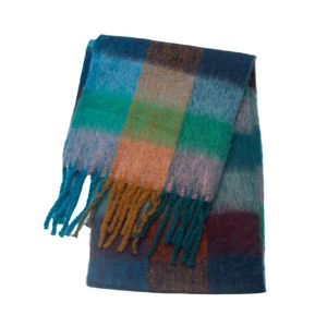 Close-up of knit texture and long tassels on a colorful checkered winter scarf