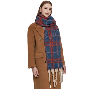 Dicker Winter-Schal mit rot-blauem Hahnentrittmuster und groben Quasten für Damen