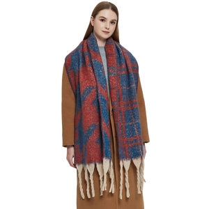 Dicker Winter-Karo-Schal mit Hahnentrittmuster und groben beigen Quasten für Damen