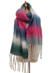 Detail shot of gradient stripe scarf with thick tassels and fuzzy mohair texture