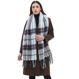 Classic oversized checkered plaid scarf with fringe in blue and brown winter colors