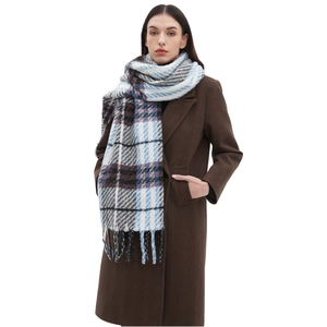 Classic brown wool coat with a blue and white checkered fringe scarf for winter
