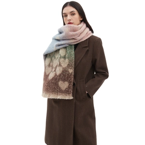 Thick gradient mohair-style heart pattern scarf with fringes for autumn and winter