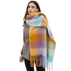 Thick colorful plaid scarf with tassels, oversized checkered shawl in vibrant pastel colors