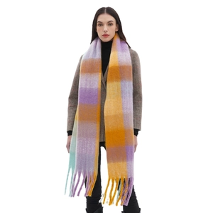 Chunky oversized checkered scarf with long tassels in purple, orange and blue patterns