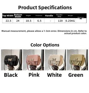 Size chart and dimensions for the ruched shoulder bag with butterfly buckle details