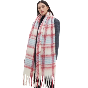 Sciarpa spessa a quadri texture mohair con lunghe frange in scozzese rosso bianco blu