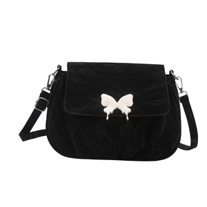 French design black pleated crossbody bag with a white fluid butterfly buckle detail