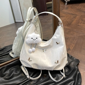 Women Large Capacity PU Leather Butterfly Decor Tote Bag Versatile Pleated Texture Shoulder Bag With Cloud Charm Fashion Commute Handbag
