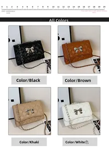 Quilted crossbody bag with metal bow detail shown in black, brown, khaki and white