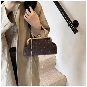 Detail of vintage shell bag with gold chain strap on a light brown trench coat