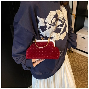 Detail of burgundy velvet shell bag with gold metallic dots and clasp closure