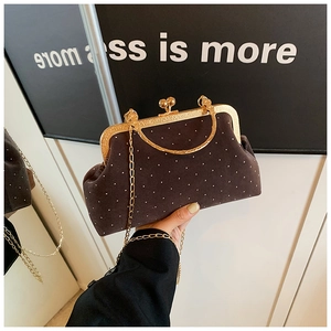 Detailed macro view of dark brown velvet shell bag with crystal dots and gold clasp