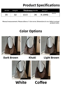 Size specifications and multi-color leopard print shoulder bag dimensions showing 35cm width