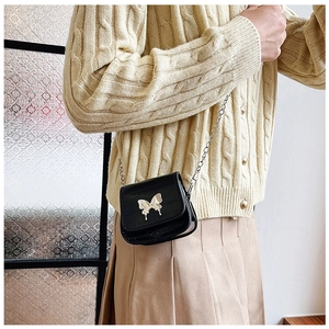 Détail d'un mini sac noir à bandoulière avec fermoir papillon argenté et bandoulière chaîne