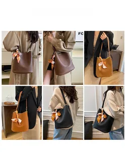 Detailed grid view of minimalist bucket bags in brown and black with silk scarf accents