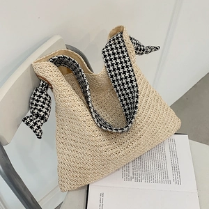 Women Summer Straw Woven Tote Bag With Houndstooth Fabric Shoulder Strap Knot Decor Large Capacity Beach Shoulder Handbag