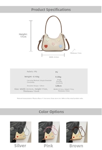 Detailed size specifications and three color options for the heart pattern shoulder bag