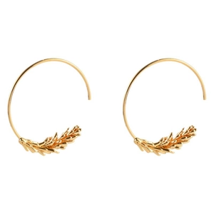 Fashionable gold-plated hoop earrings with wheat ear pattern on white background