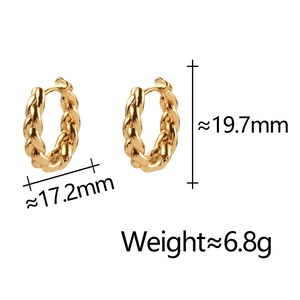 Detail view of gold twisted rope hoop earrings with dimensions and weight specs