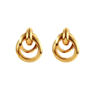 Modern geometric triple interlocking gold hoop earrings with polished matte finish for women