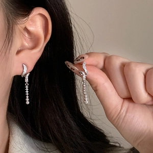 Elegant silver geometric spiral earrings with zircon micro-pave and white pearl tassels