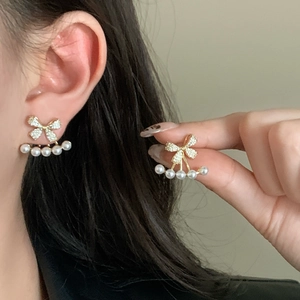 French style bow stud earrings with inlaid pearls and sparkling crystals in gold finish
