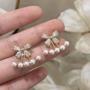 Bowknot Artificial Pearl Stud Earrings Copper 14k Gold Plated Zircon Inlaid Curved Row Artificial Pearls French Romantic Elegant Jewelry For Women