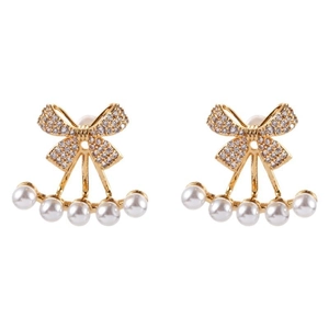 French style golden bow earrings with sparkling crystals and elegant white pearls